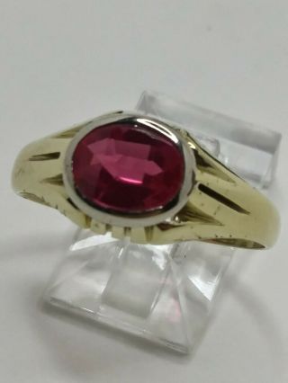 Mens 10k Solid Yellow Gold 1.  55ct Oval Ruby Solitaire Vintage Ring Size 10.  5