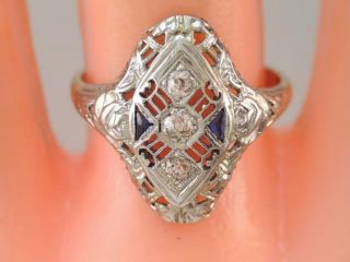 Antique Art Deco Solid 18k White Gold Filigree Diamond & Blue Sapphire Ring