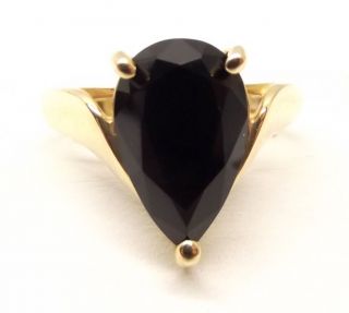 14k Gold Black Onyx Ring Sz 5.  25 Cocktail Pear Cut Faceted Stone Estate Mourning