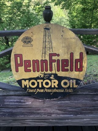 Very Rare Pennfield Motor Oil Double Sided Masonite Gas Sign 28 1/2”