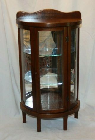 Vintage Miniature Curved Glass Wood Mirrored Curio Cabinet Display Case 23
