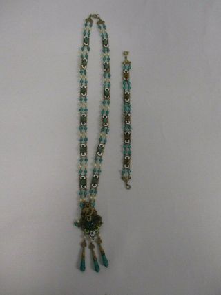 Antique Victorian Pearl Glass Bead Enamel Link Necklace & Bracelet