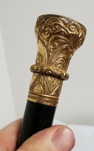 Antique Fine Gold Filled Presentation Cane Walking Stick Ebony Shaft Signed