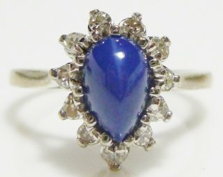14k White Gold.  30ct Diamond Blue Linde Star Sapphire Womens Ring Size 6.  75