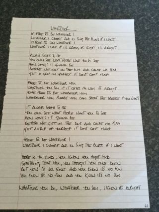 Oasis Promo Rare Handwritten Noel Gallagher Lyrics Whatever