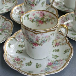 6 Antique Haviland Porcelain Cups Saucers Flower Swags Schleiger 72 Double Gold
