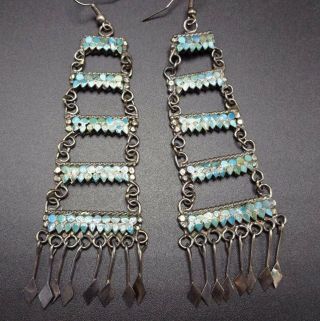 Vintage Zuni Sterling Silver & Flat Inlay Turquoise Chandelier Dangle Earrings
