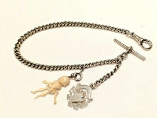 Rare Tiny Antique Child’s Silver Albert Chain & Hand Carved & Jointed Skeleton