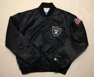 Vtg Oakland Raiders Nfl Starter Satin Jacket Embroidered Spellout Black Sz Xl