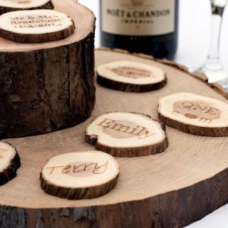 Personalised Wedding Favours.  Small Rustic Log Slices.  Vintage Table Decorations
