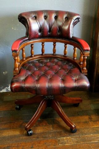 Vintage Oxblood Chesterfield Tufted Button Red Leather Wood Office Chair Desk