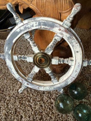 Vintage Distressed White Decor Nautical 18  Hand Painted Wooden Ship Wheel