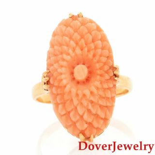 Vintage Carved Coral 18K Yellow Gold Floral Cocktail Ring 5.  2 Grams NR 2