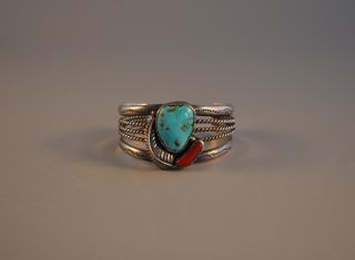 Vintage Navajo Indian Silver Cuff Bracelet Turquoise Coral - Lee Charley - 6 5/8