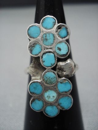 Striking Vintage Zuni Turquoise Dishta Style Sterling Silver Ring Old