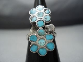 STRIKING VINTAGE ZUNI TURQUOISE DISHTA STYLE STERLING SILVER RING OLD 2