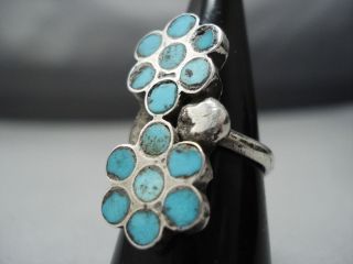 STRIKING VINTAGE ZUNI TURQUOISE DISHTA STYLE STERLING SILVER RING OLD 4