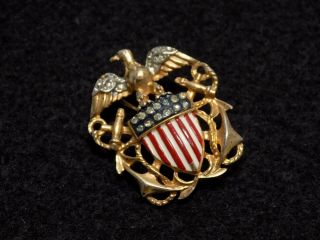 Wwii Us Patriotic Usn Navy Pin Brooch Trifari Sterling & Rhinestone
