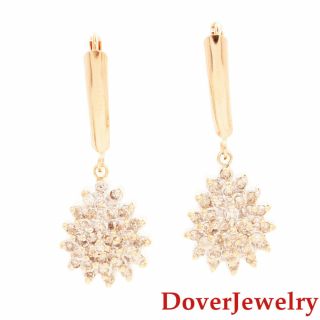 Estate Diamond 10K Yellow Gold Cluster Floral Dangle Earrings NR 2