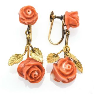 Vintage 14k Yellow Gold Carved Red Coral Rose Screw Back Earrings 7.  5 Grams