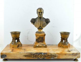 Antique French Napoleon Marble & Bronze Desk Set Pen Holder Inkwell
