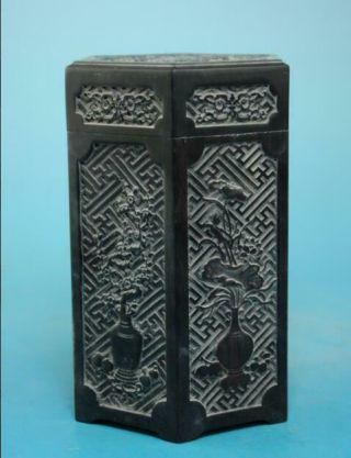 Chinese Hand - Made Wood Carve Dlmch - Mlzj Hexagonal Tea Caddy D02