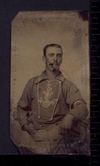 Tintype Cigar Smoking Sailor Folk Art Embroidered Anchor Shirt Civil War Era