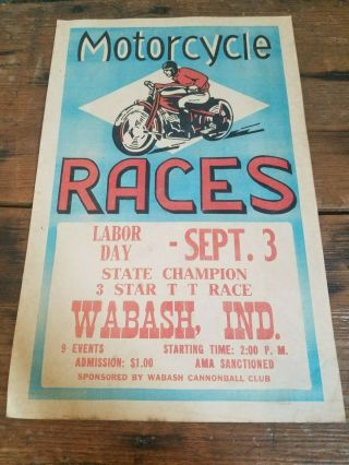 Vintage 1950s Motorcycle Races Wabash Indiana Poster Harley Davidson Indian Sign