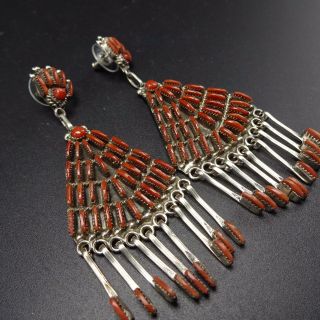 Signed Vintage Zuni Sterling Silver & Coral Needlepoint Chandelier Earrings