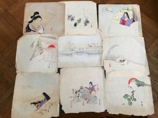 Group Of 9 Antique Japanese Woodblock Prints Signed & Stamped