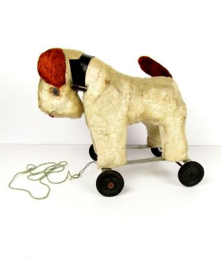 Vintage Plush Wire Hair Fox Terrier Dog Antique Pull Toy On Wheels
