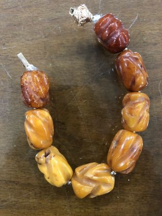 Antique Natural Amber Necklace Chinese Carved Gold 585 14k Total 18g