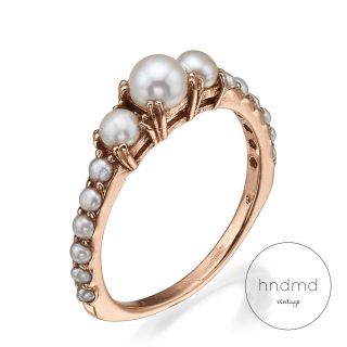 Victorian Vintage Antique Style 14k Rose Gold Pearls Ring.