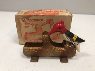 Rare San I Pik Woodpecker Toothpick Holder Dispenser Mib Box Metal Antique Vtg
