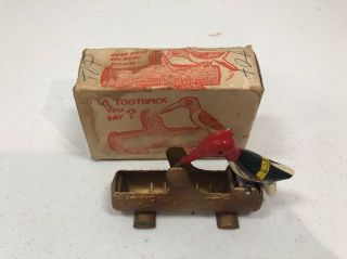 RARE San I Pik woodpecker toothpick Holder dispenser MIB box metal antique Vtg 2
