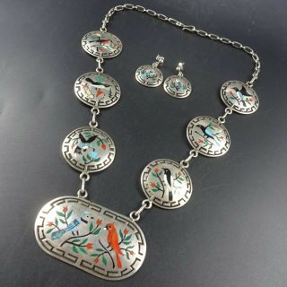 Signed Vintage Zuni Inlay Sterling Silver Bird Themed Necklace And Earrings Set