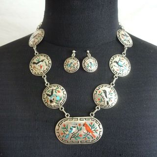 Signed Vintage ZUNI INLAY Sterling Silver BIRD THEMED Necklace and Earrings SET 3