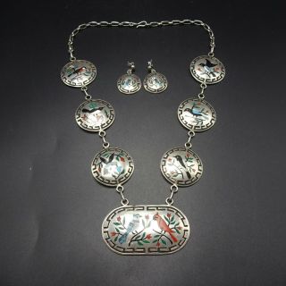 Signed Vintage ZUNI INLAY Sterling Silver BIRD THEMED Necklace and Earrings SET 4