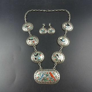 Signed Vintage ZUNI INLAY Sterling Silver BIRD THEMED Necklace and Earrings SET 5