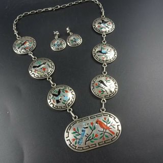 Signed Vintage ZUNI INLAY Sterling Silver BIRD THEMED Necklace and Earrings SET 6