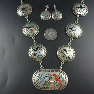 Signed Vintage ZUNI INLAY Sterling Silver BIRD THEMED Necklace and Earrings SET 7