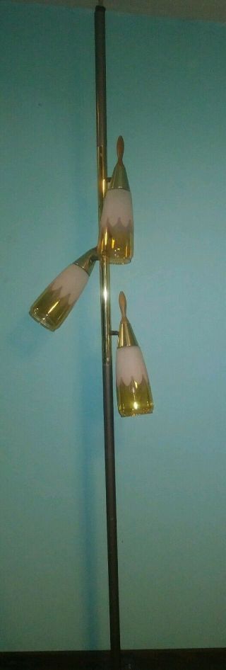 Vintage Mid Century Tension Pole Lamp 3 Frosted Amber Glass Globes Light