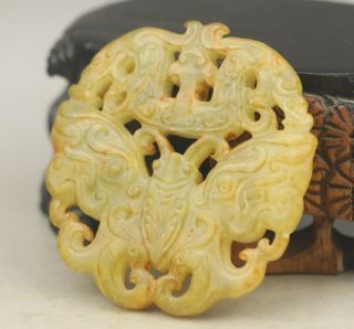 Old Chinese natural yellow jade hand - carved butterfly pendant 3