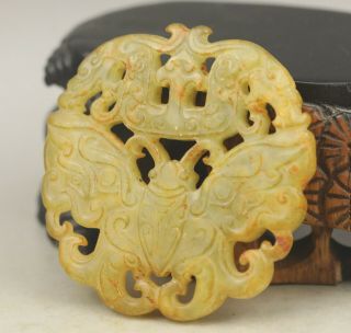 Old Chinese natural yellow jade hand - carved butterfly pendant 4