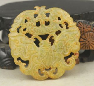 Old Chinese natural yellow jade hand - carved butterfly pendant 5