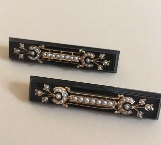 Stunning Victorian Mourning Black Onyx Seed Pearl & 14k Gold Pin Set