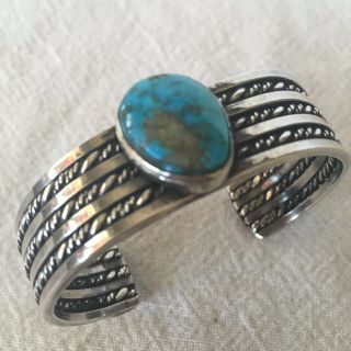 Vintage Navajo Sterling & Turquoise Cuff Bracelet Wide Twisted Silver Band,  43g