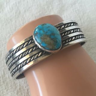 Vintage NAVAJO Sterling & TURQUOISE Cuff BRACELET Wide Twisted Silver Band,  43g 3