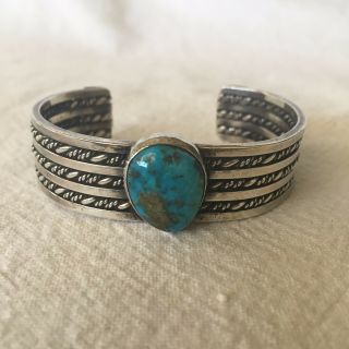 Vintage NAVAJO Sterling & TURQUOISE Cuff BRACELET Wide Twisted Silver Band,  43g 4