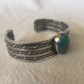 Vintage NAVAJO Sterling & TURQUOISE Cuff BRACELET Wide Twisted Silver Band,  43g 5
